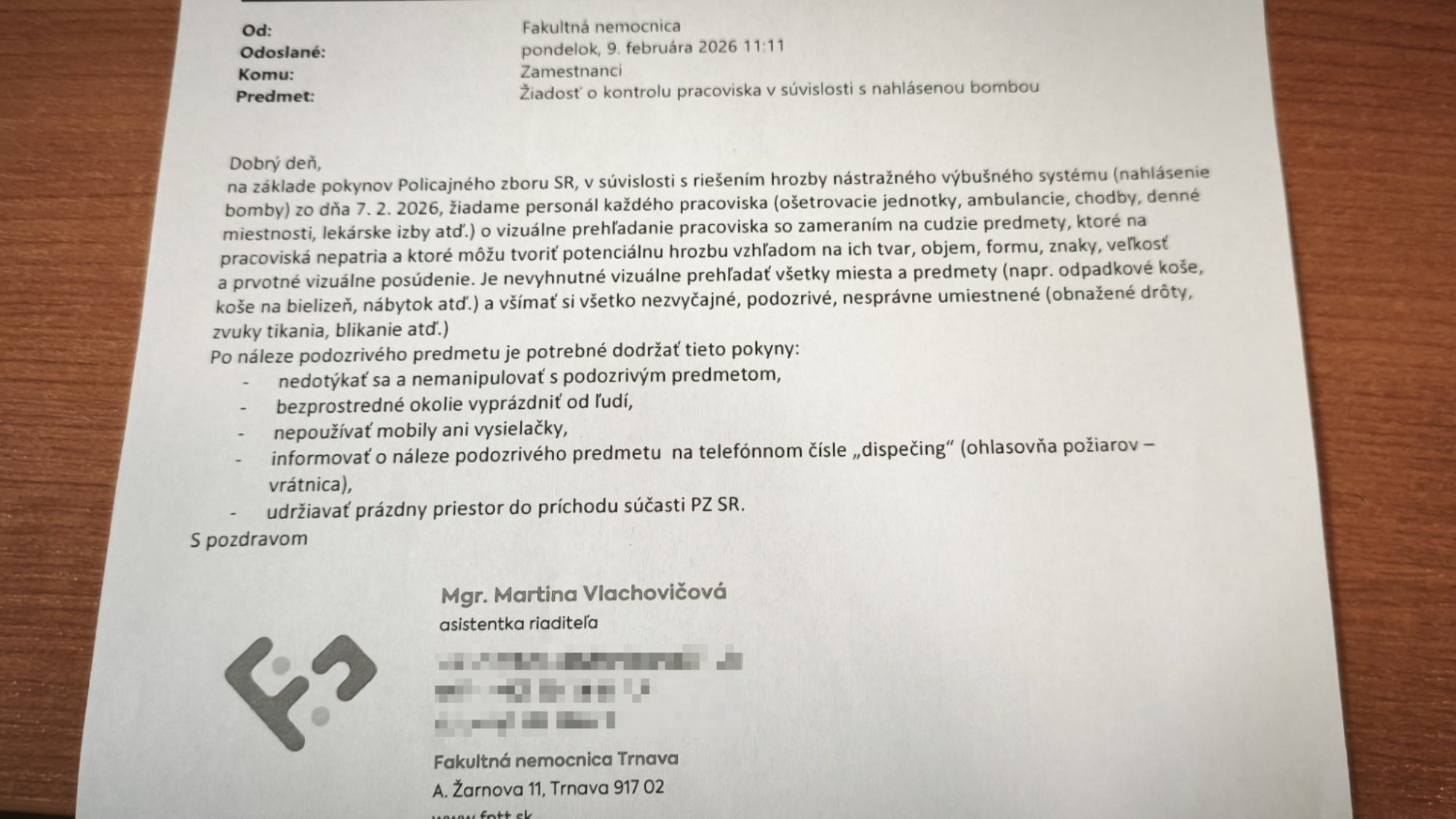 nemocnica trnava nahlasena bomba